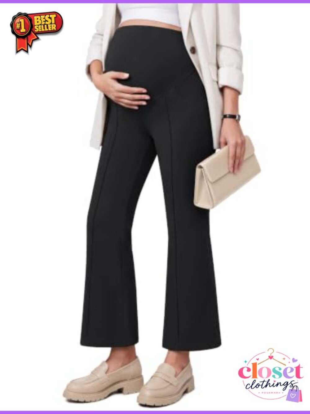 Maternity Work Pants Ankle Flare Leg High Rise Pull On Yoga Pants